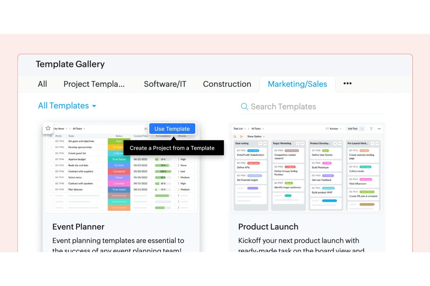Template gallery showing Event Planner and Product Launch project templates with task views.