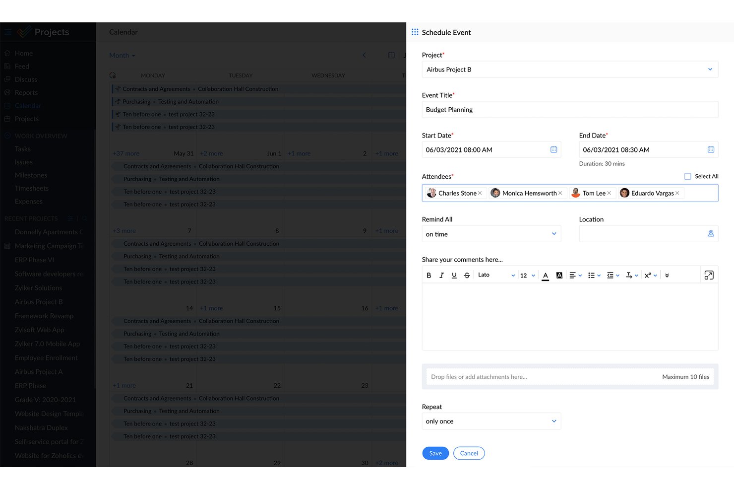 Zoho Projects-formulier voor het plannen van een evenement met deelnemers, datums en titel voor budgetplanning.