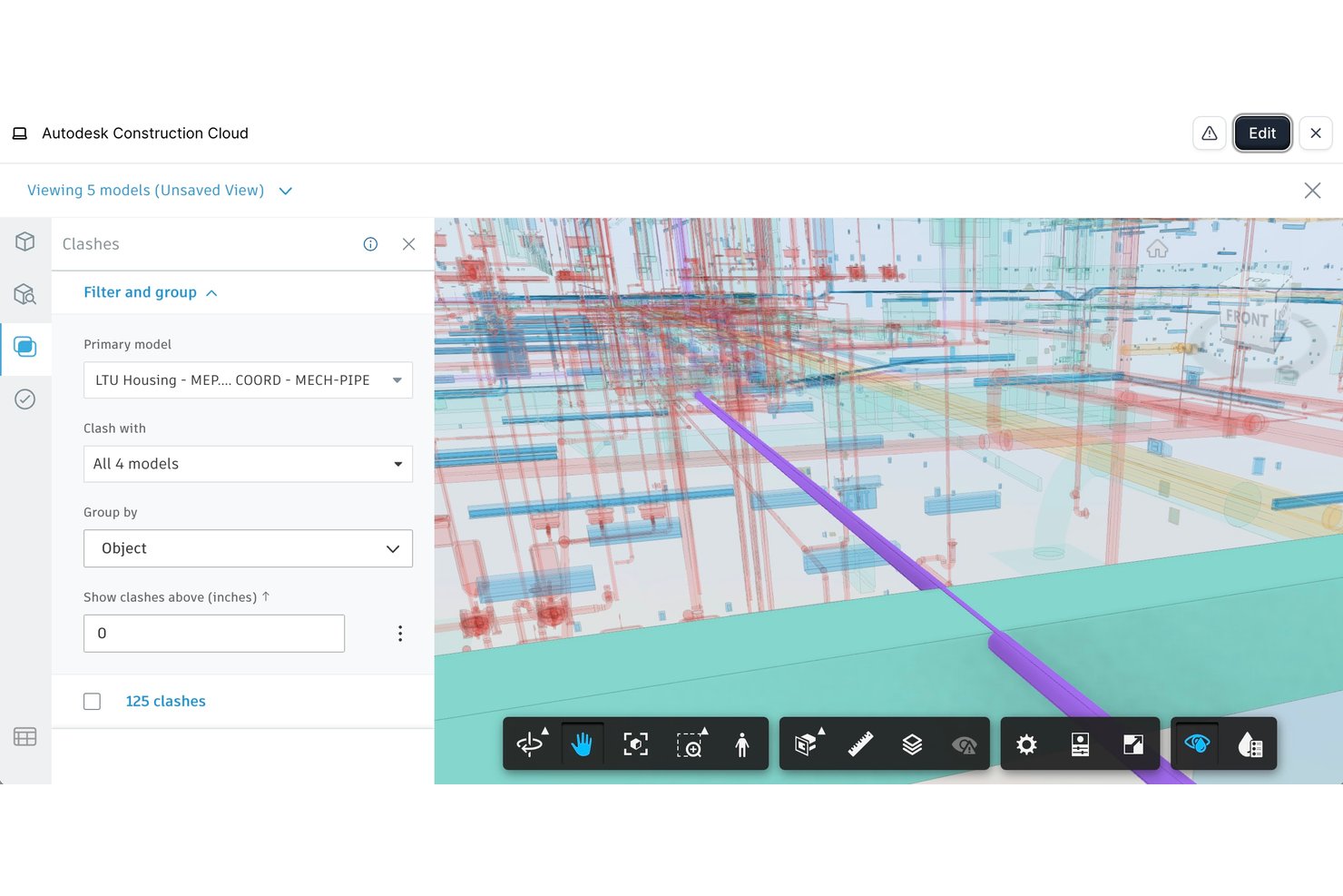 Autodesk Construction Cloud clash detection panel showing 125 clashes across 5 MEP models.