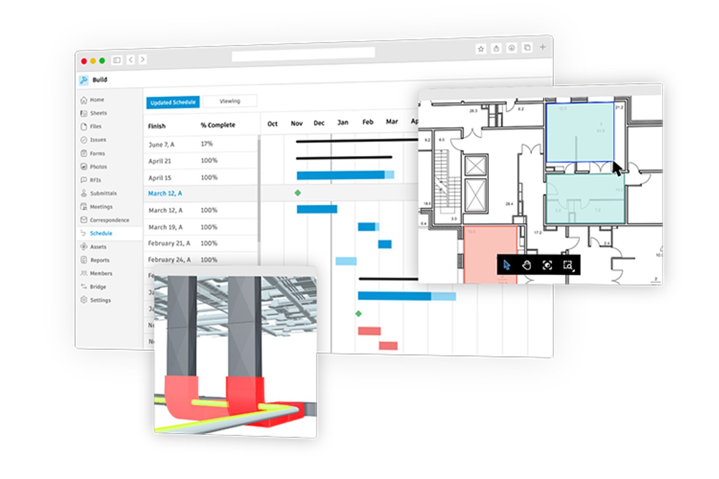 Construction management dashboard showing Gantt chart, floor plan, and 3D model views.