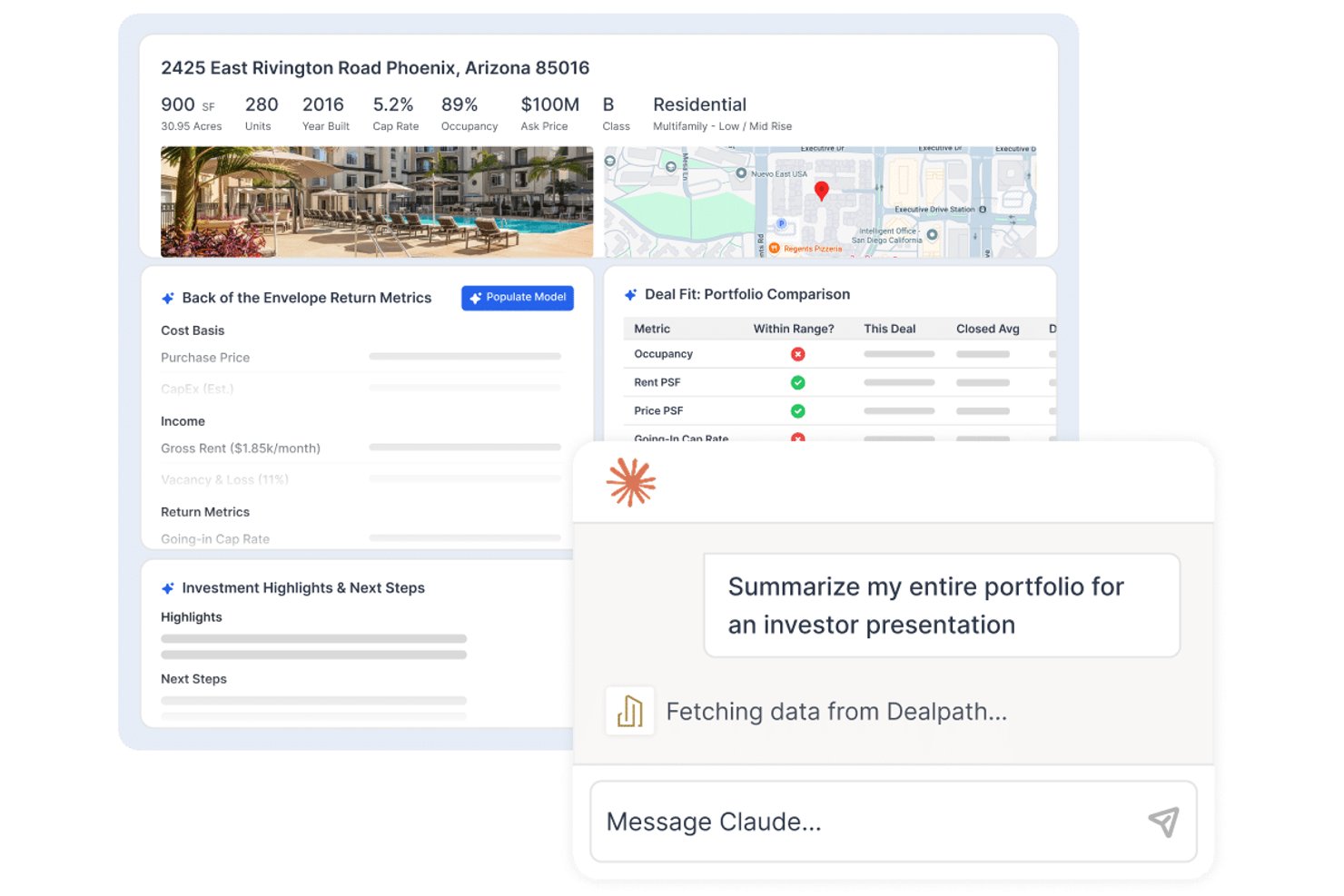 DealPath AI Studio mockup showing a Phoenix multifamily property profile with return metrics and portfolio comparison, alongside a Claude chat window summarizing a portfolio with data fetched from DealPath.