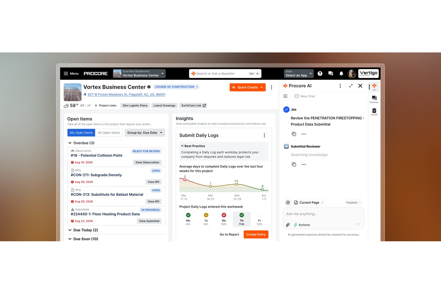 Procore project dashboard showing open items, overdue RFIs, and AI assistant panel.