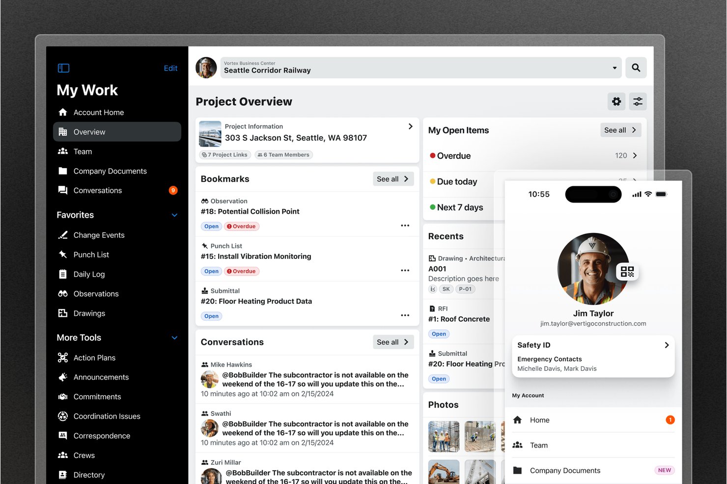 Procore project overview dashboard showing tasks, bookmarks, and mobile profile view.