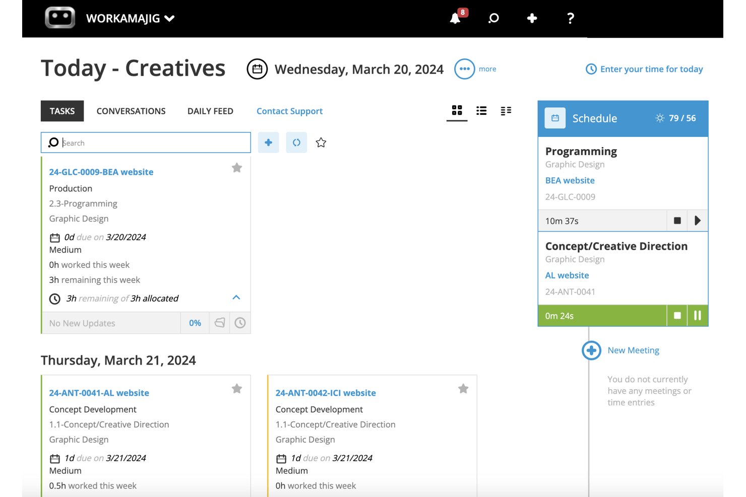 Workamajig dashboard showing creative tasks, schedule panel, and active timers.
