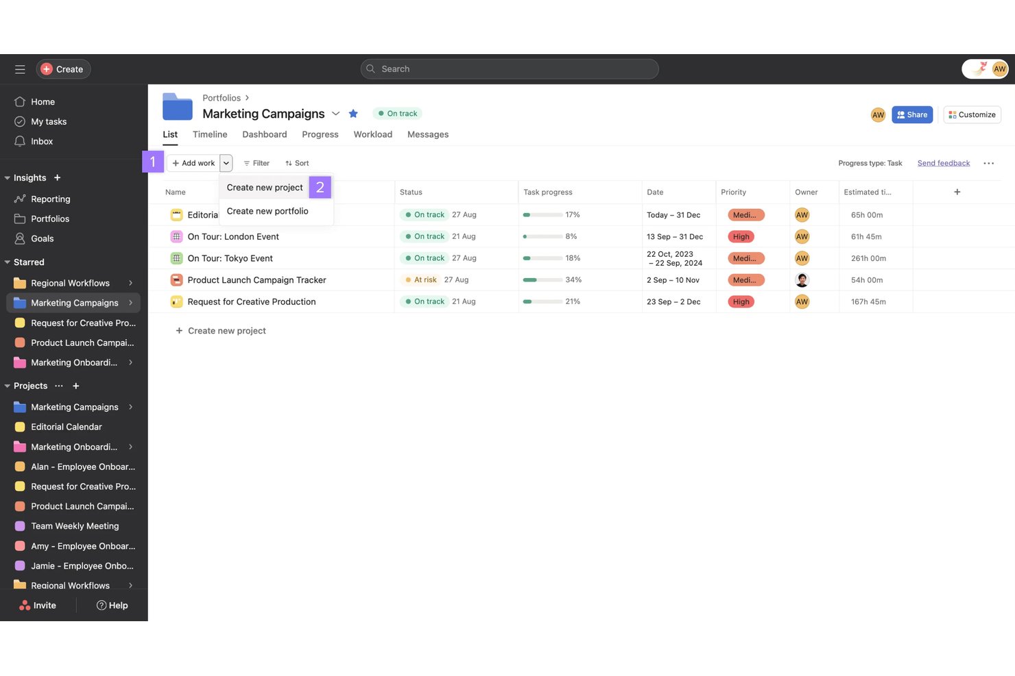Asana portfolio list view showing five marketing projects with status, progress, and priority.