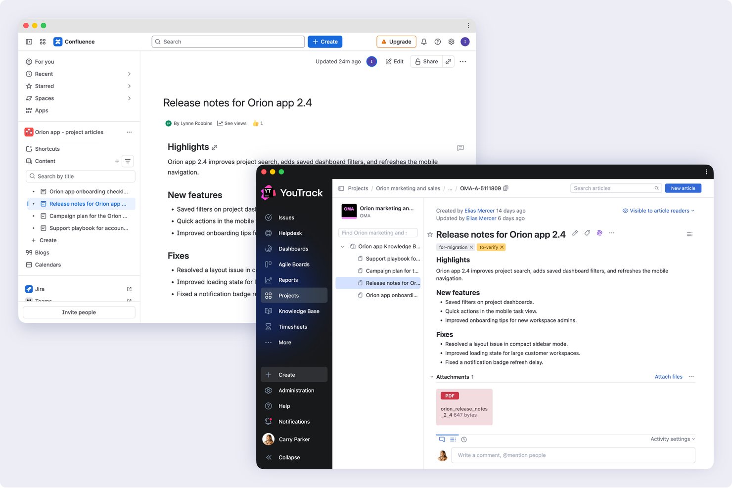 YouTrack knowledge base article panel showing release notes alongside Confluence editor