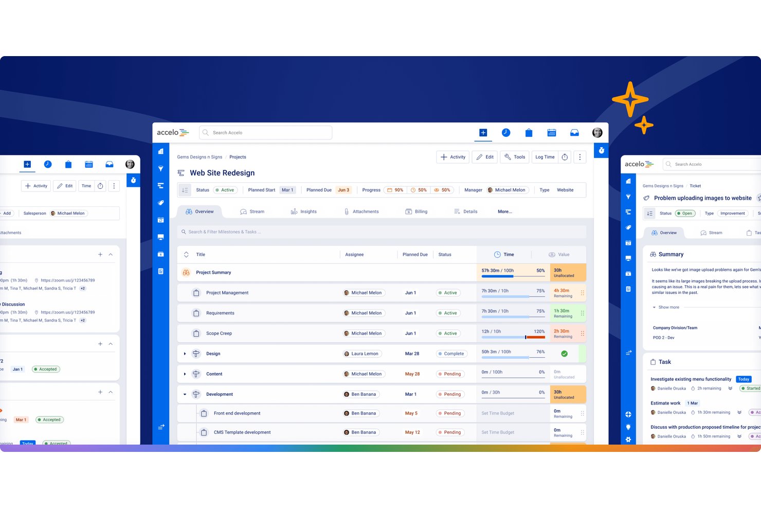 Accelo-Projektmanagement-Übersicht mit Aufgaben, Zuständigen, Zeitbudgets und Fortschritt.