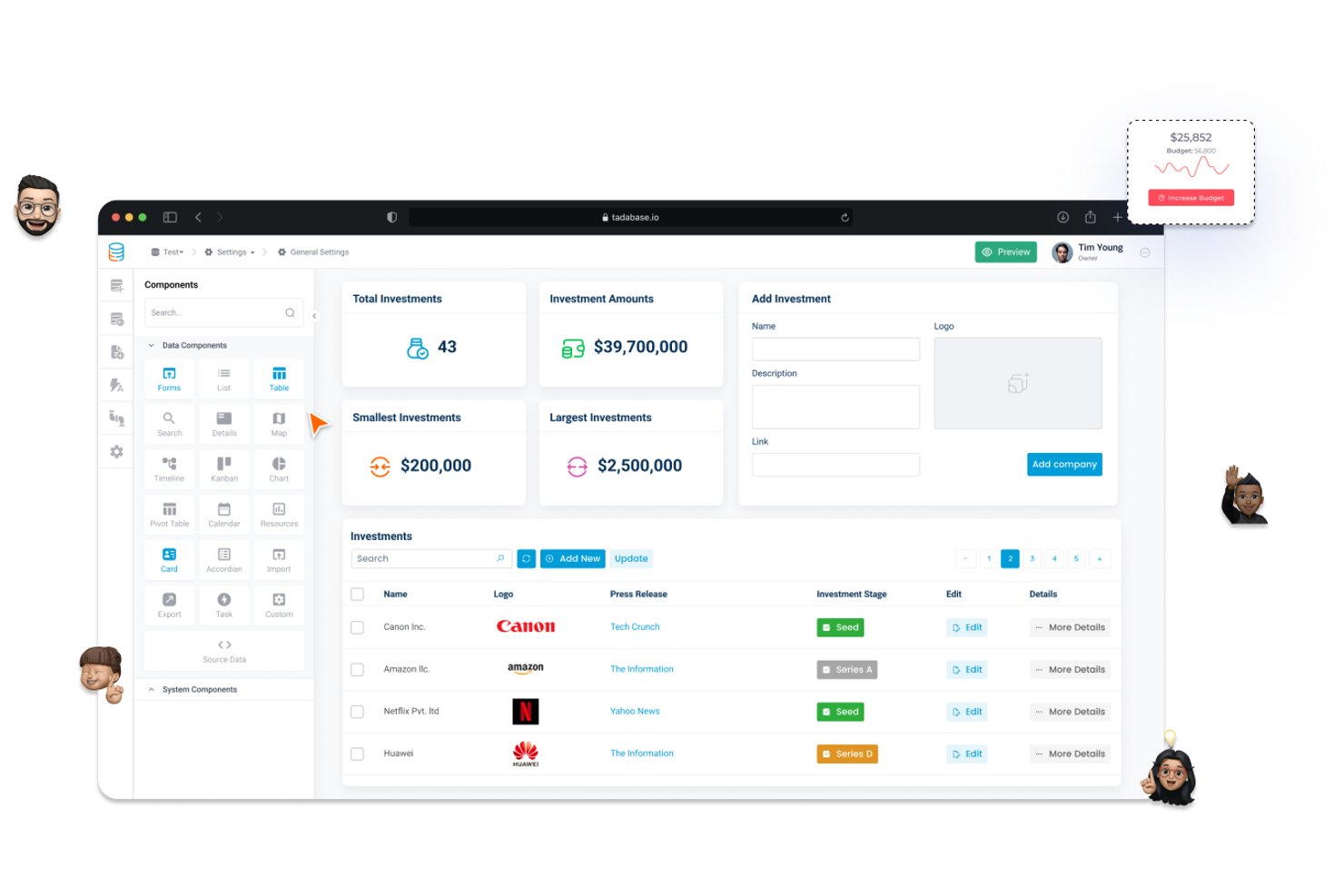 Tadabase dashboard showing investment data table with stats and add company form.