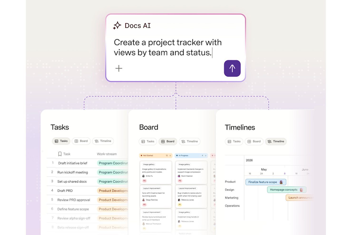 AI prompt generating a project tracker with Tasks, Board, and Timeline views.