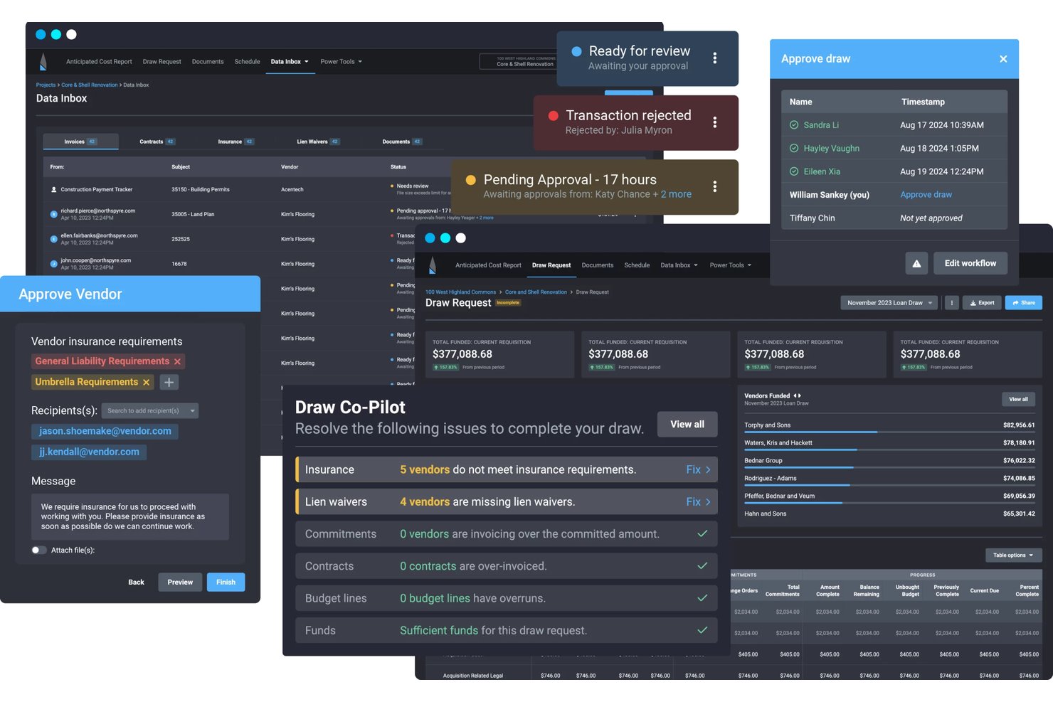 Northspyre dashboard showing draw requests, vendor approvals, and compliance alerts.