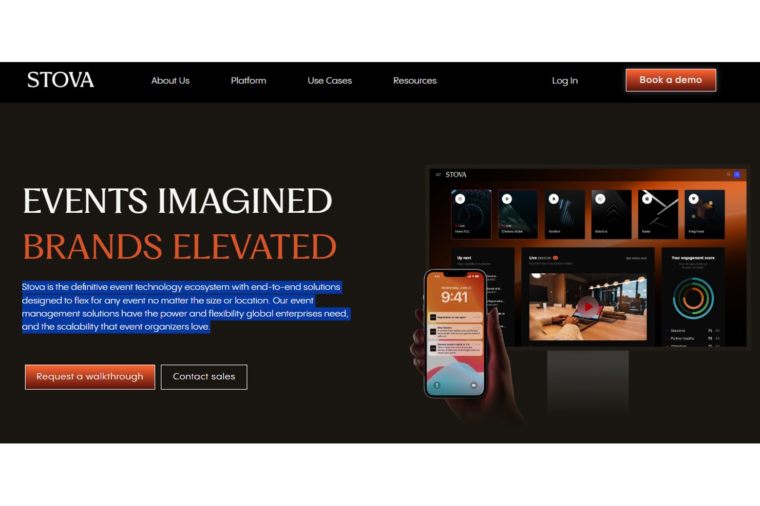 Stova homepage showing event management platform with mobile and desktop UI.