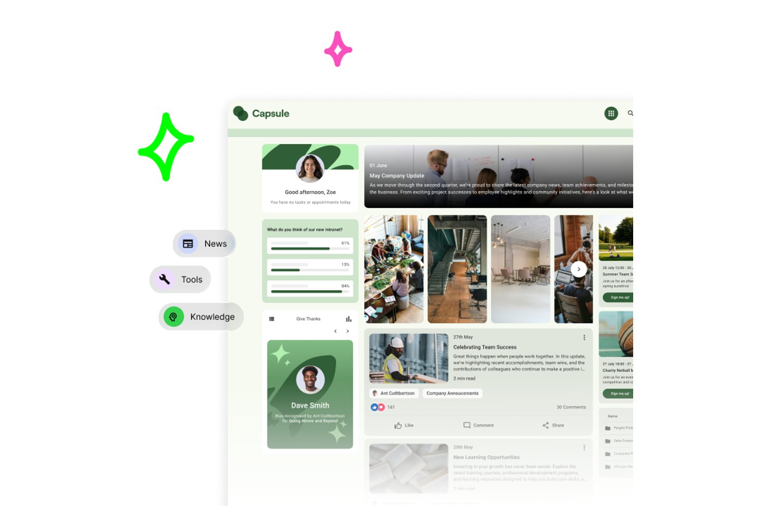 Oak intranet dashboard showing news feed, employee recognition, and navigation menu.