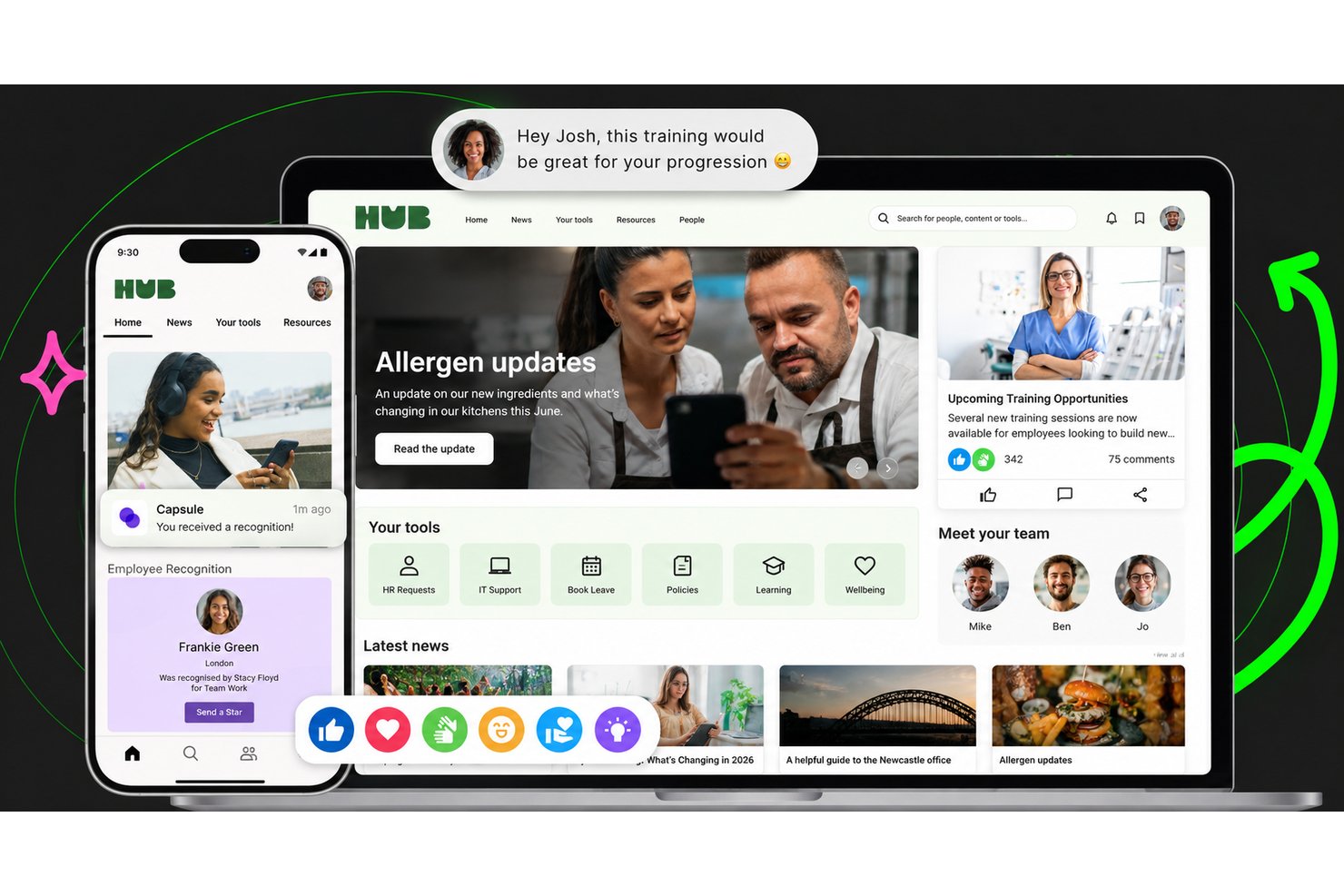 Oak-Intranet auf Mobilgerät und Desktop mit Nachrichten, Tools und Mitarbeiteranerkennung.