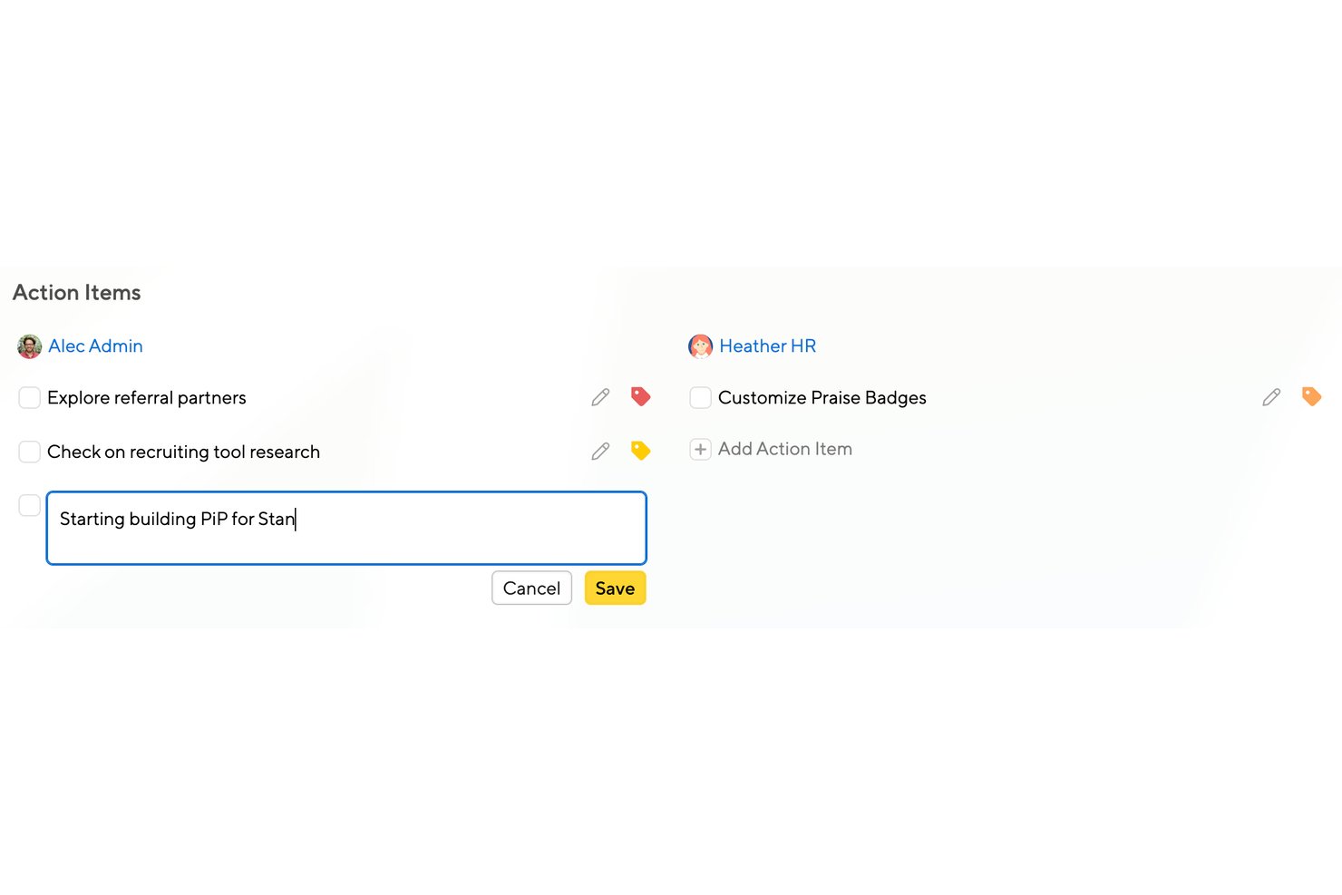 Small Improvements action items panel with editable tasks for two users.