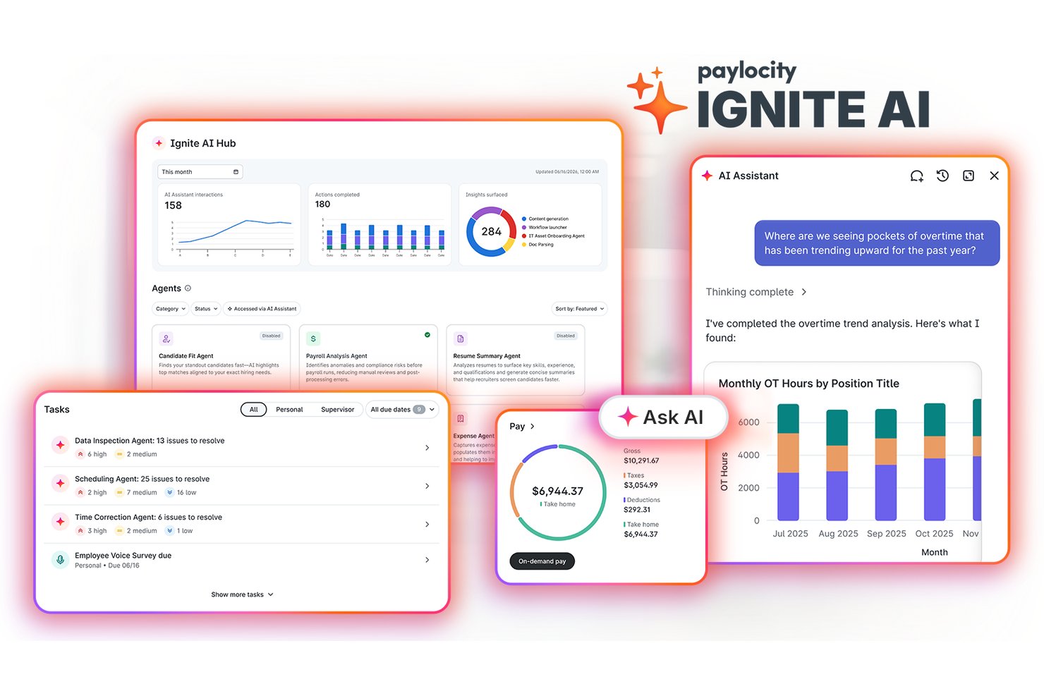 Paylocity Ignite AI dashboard showing agents, tasks, pay, and AI assistant panels.