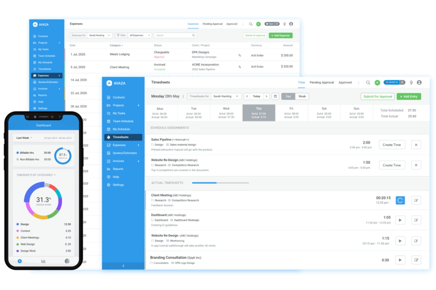 Avazas instrumentpanel som visar tidsregistreringar, utgifter och vyer för mobilappen.