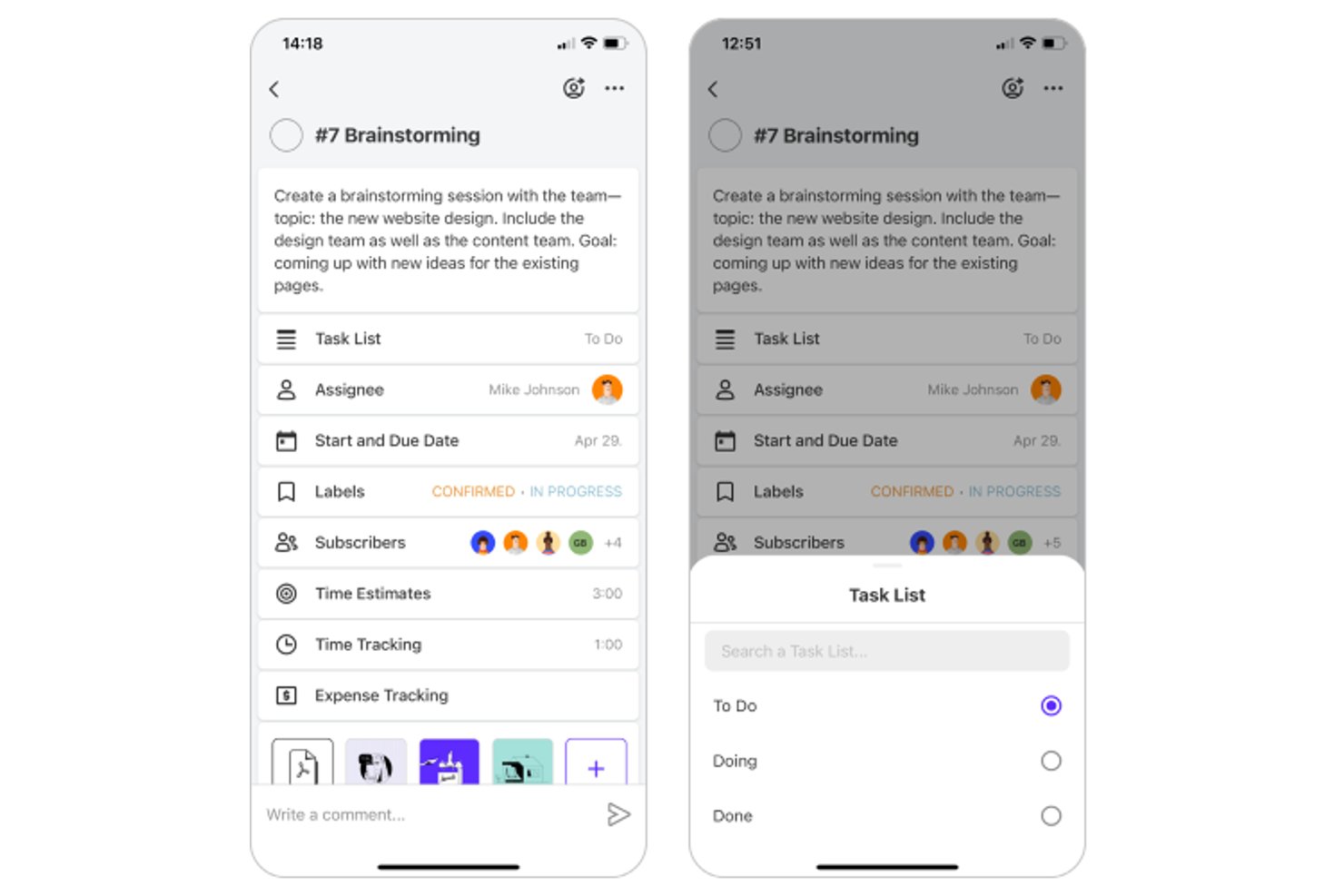 ActiveCollab-mobilappen visar uppgiftsdetaljer och en väljare för status i uppgiftslistan.