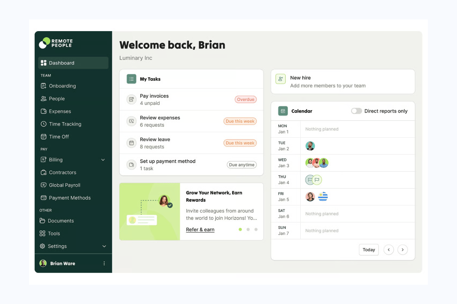 Remote People dashboard showing tasks, calendar, and team management options.