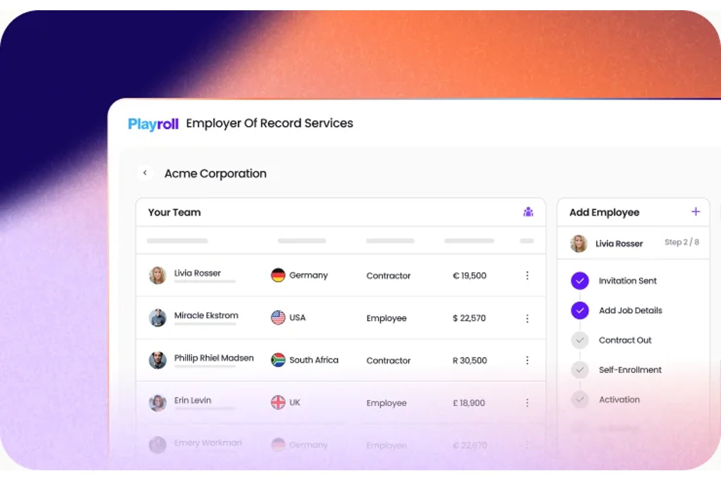Playroll dashboard showing team members by country, role, and salary with onboarding steps.
