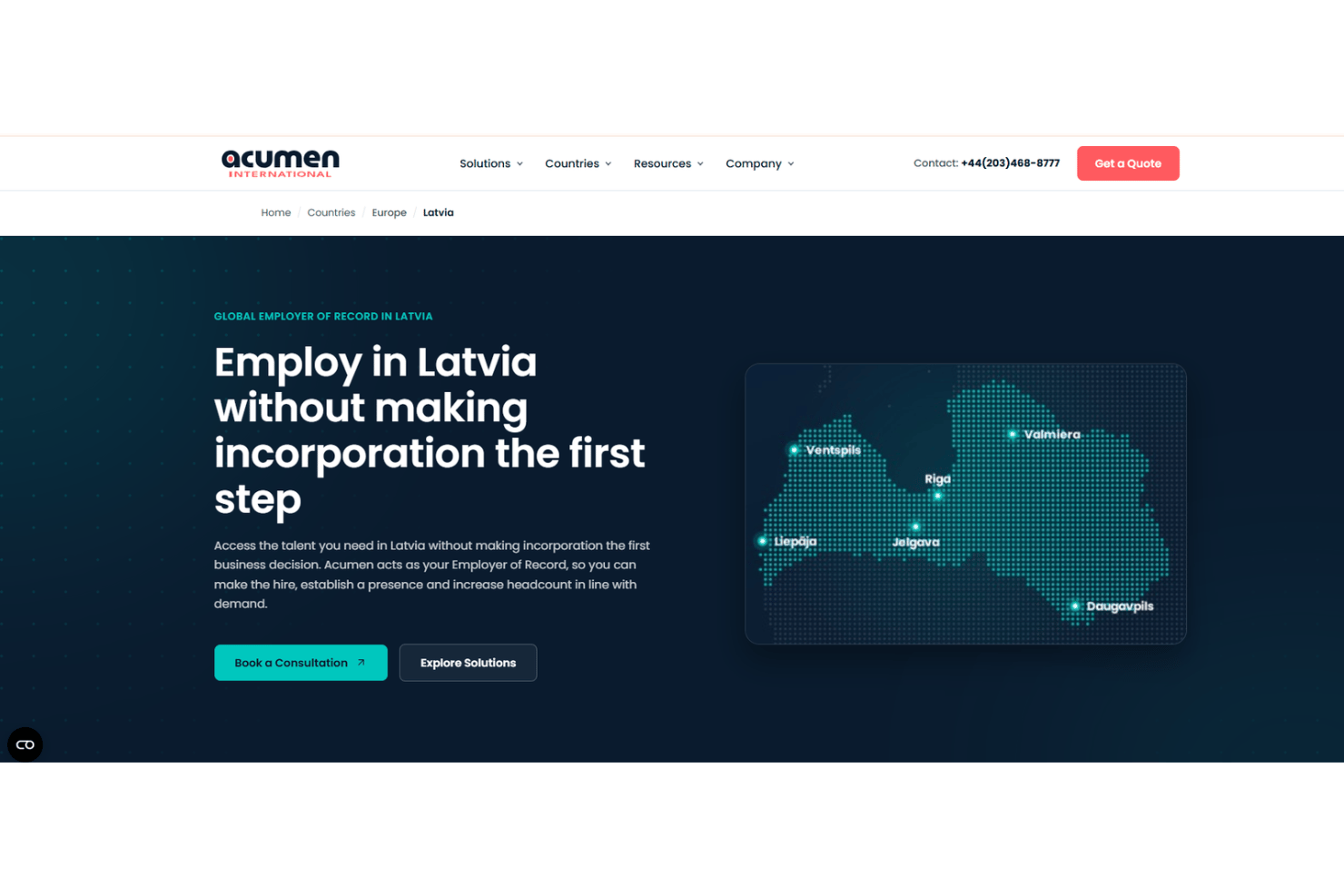 Acumen International Latvia Employer of Record page with map and city markers.