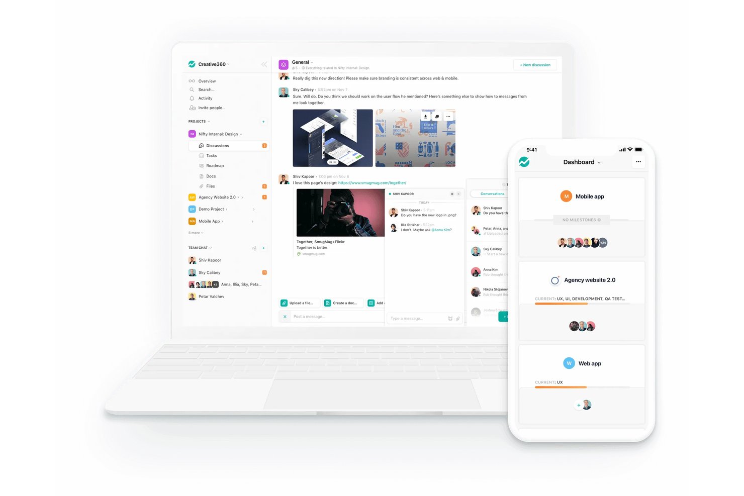 Nifty project management app showing team chat, discussions, and mobile dashboard.