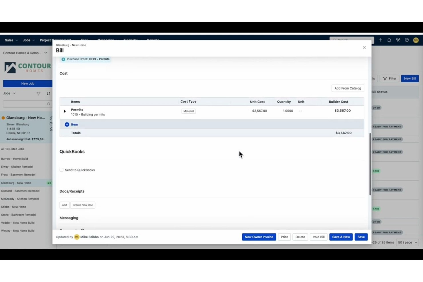 Buildertrends fakturamodul som visar tillståndskostnad på $3,567 med alternativ för QuickBooks-synkronisering.