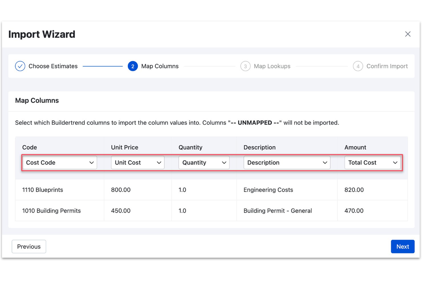 Buildertrend Import Wizard step 2 mapping columns like Cost Code, Unit Cost, and Total Cost.