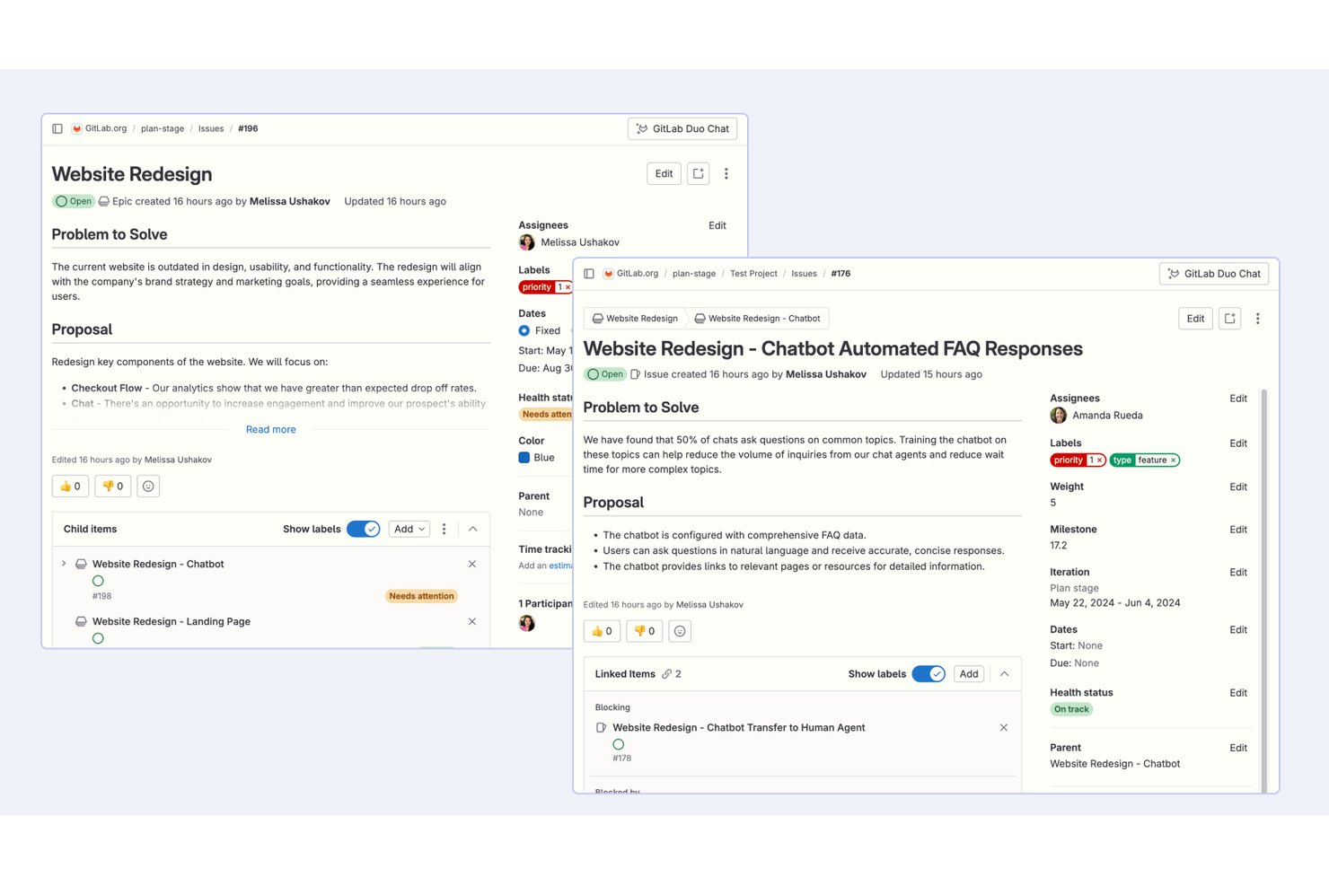 GitLab issue hierarchy showing a Website Redesign epic with nested child issues and linked blocking items.