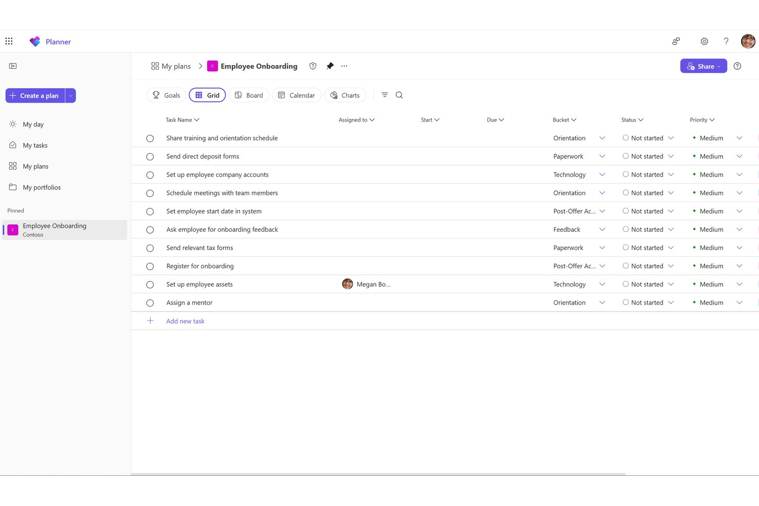 Microsoft Planner grid view showing Employee Onboarding tasks with status and priority columns.