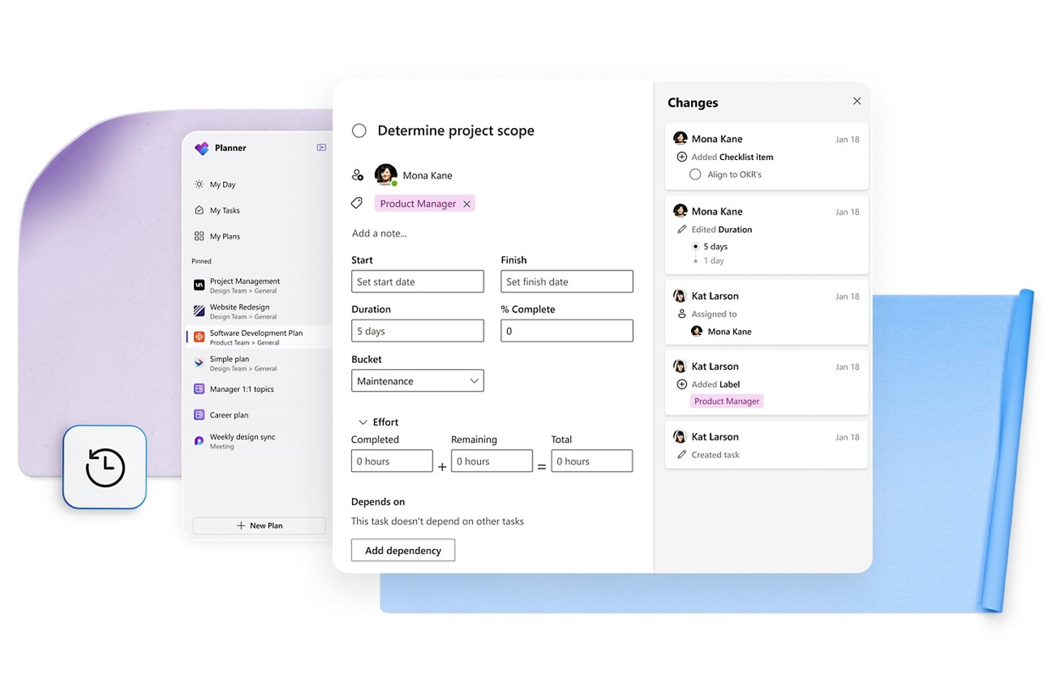 Microsoft Planner task detail panel showing duration, effort fields, and change history sidebar.