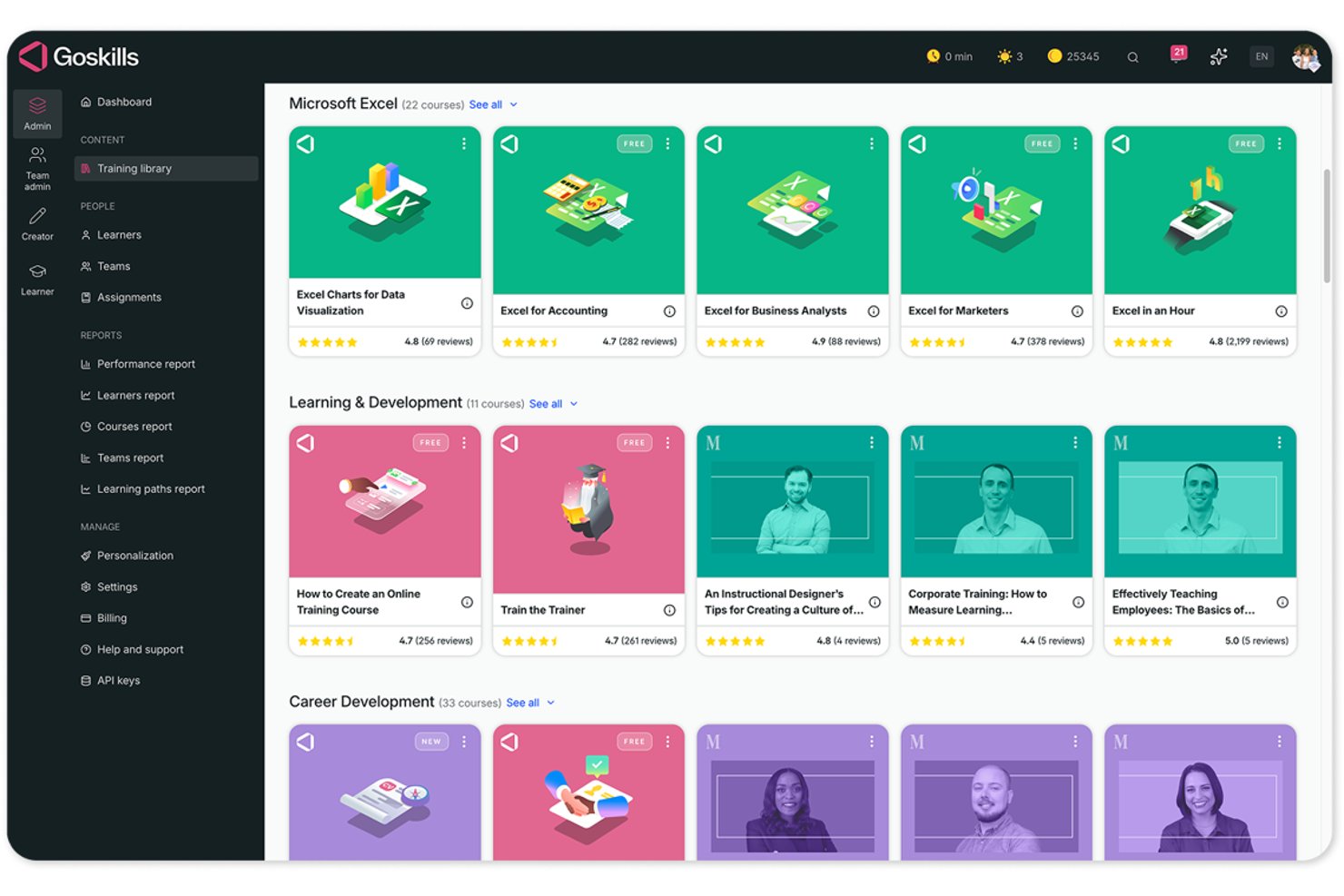 GoSkills admin dashboard showing categorized course library with Microsoft Excel and Learning Development sections.
