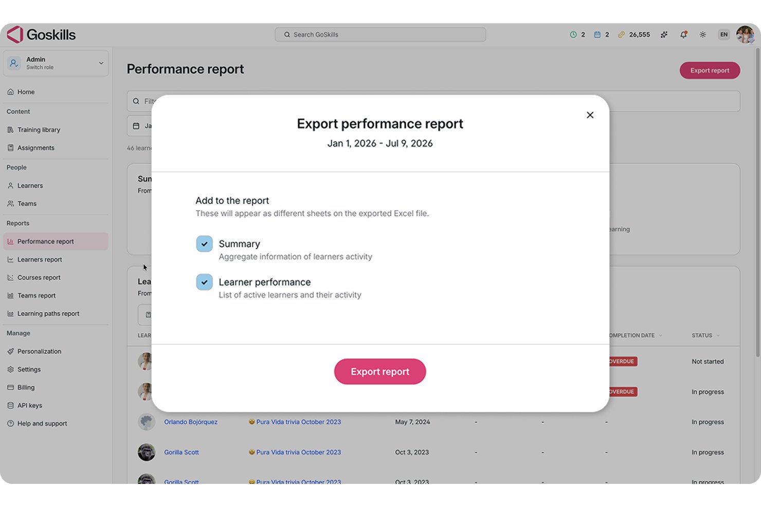 GoSkills export performance report modal with Summary and Learner performance options.