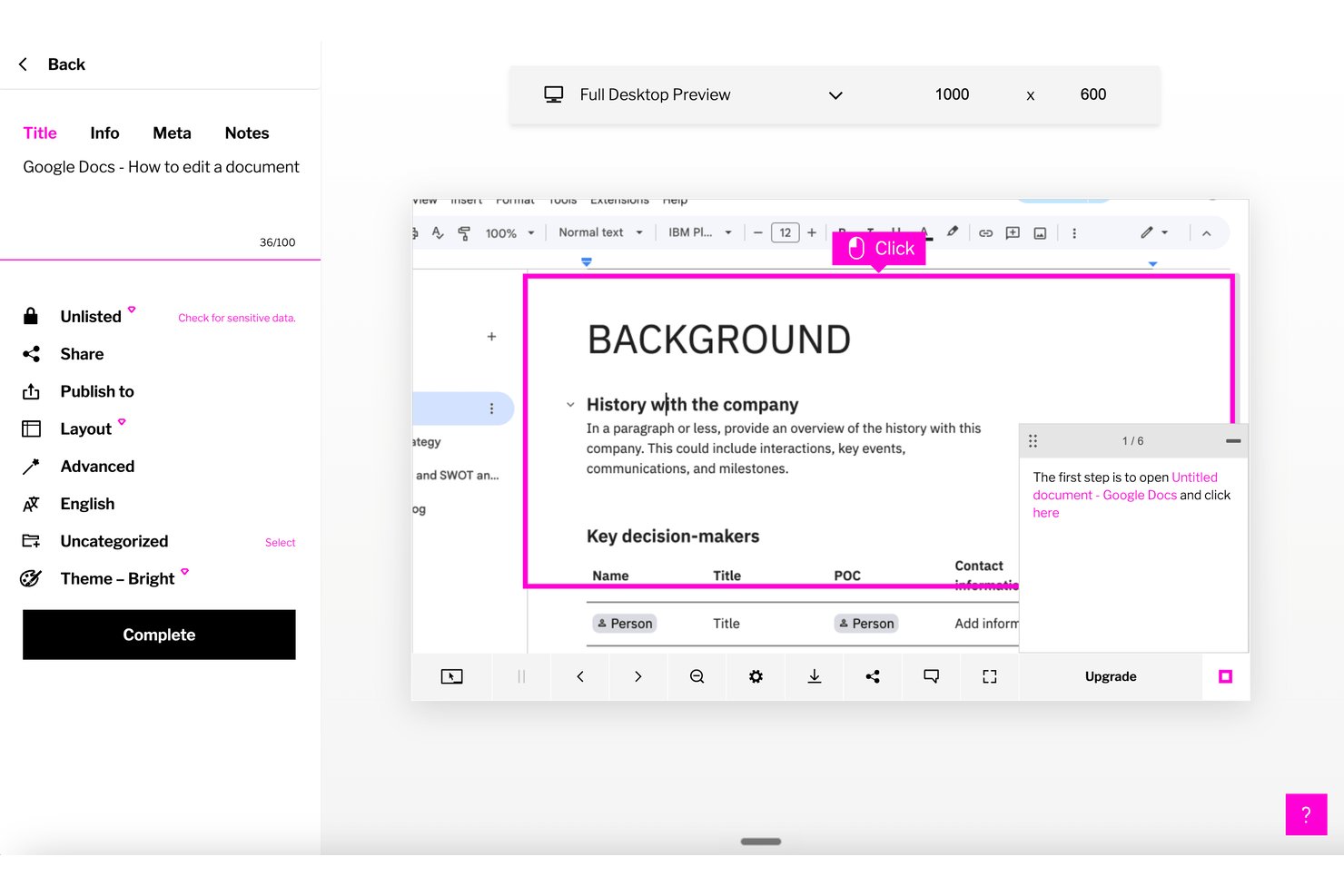 Trails editor showing a Google Docs tutorial with a click annotation overlay on a background document.