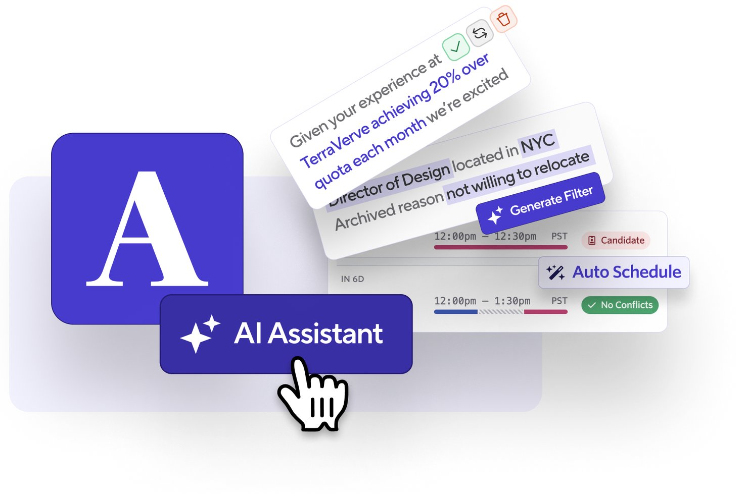 Bouton de l’assistant IA d’Ashby avec cartes de planification automatique, de génération de filtres et de planification des candidats.