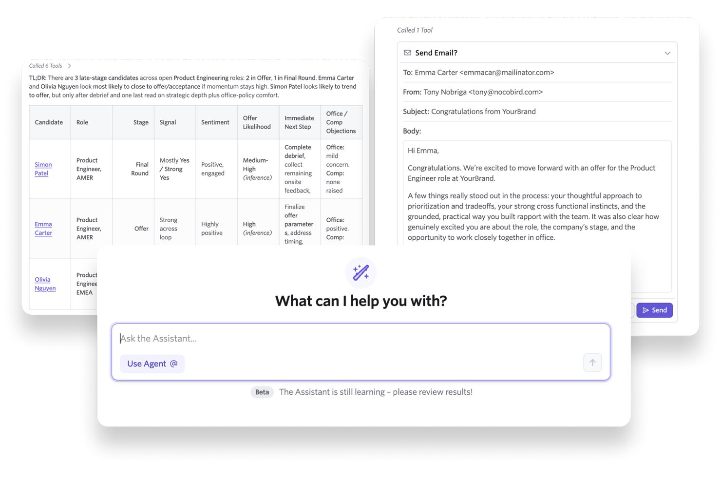 Ashby AI assistant showing candidate pipeline table and auto-drafted offer email.