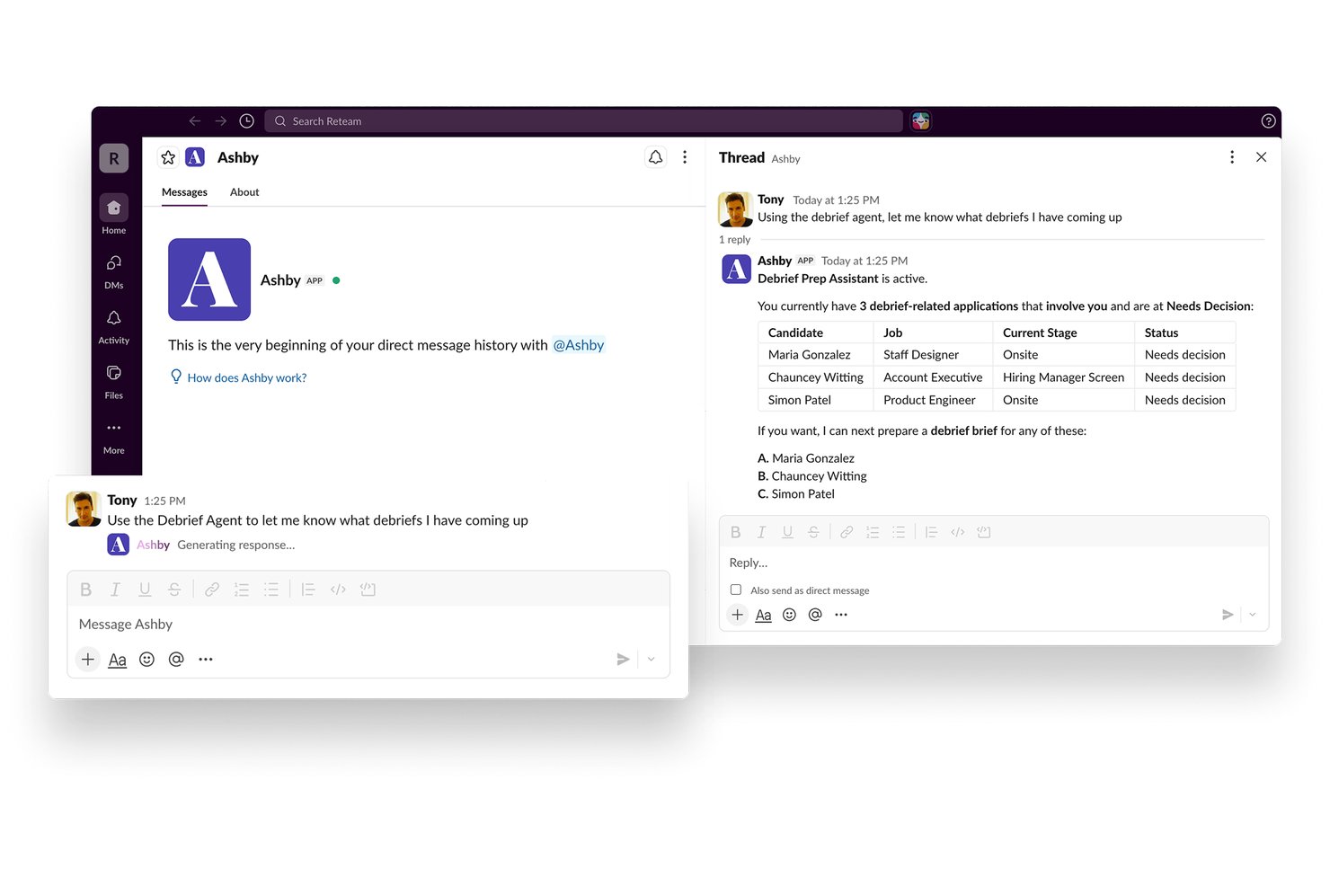 Ashby AI assistant in Slack showing three candidates needing debrief decisions.