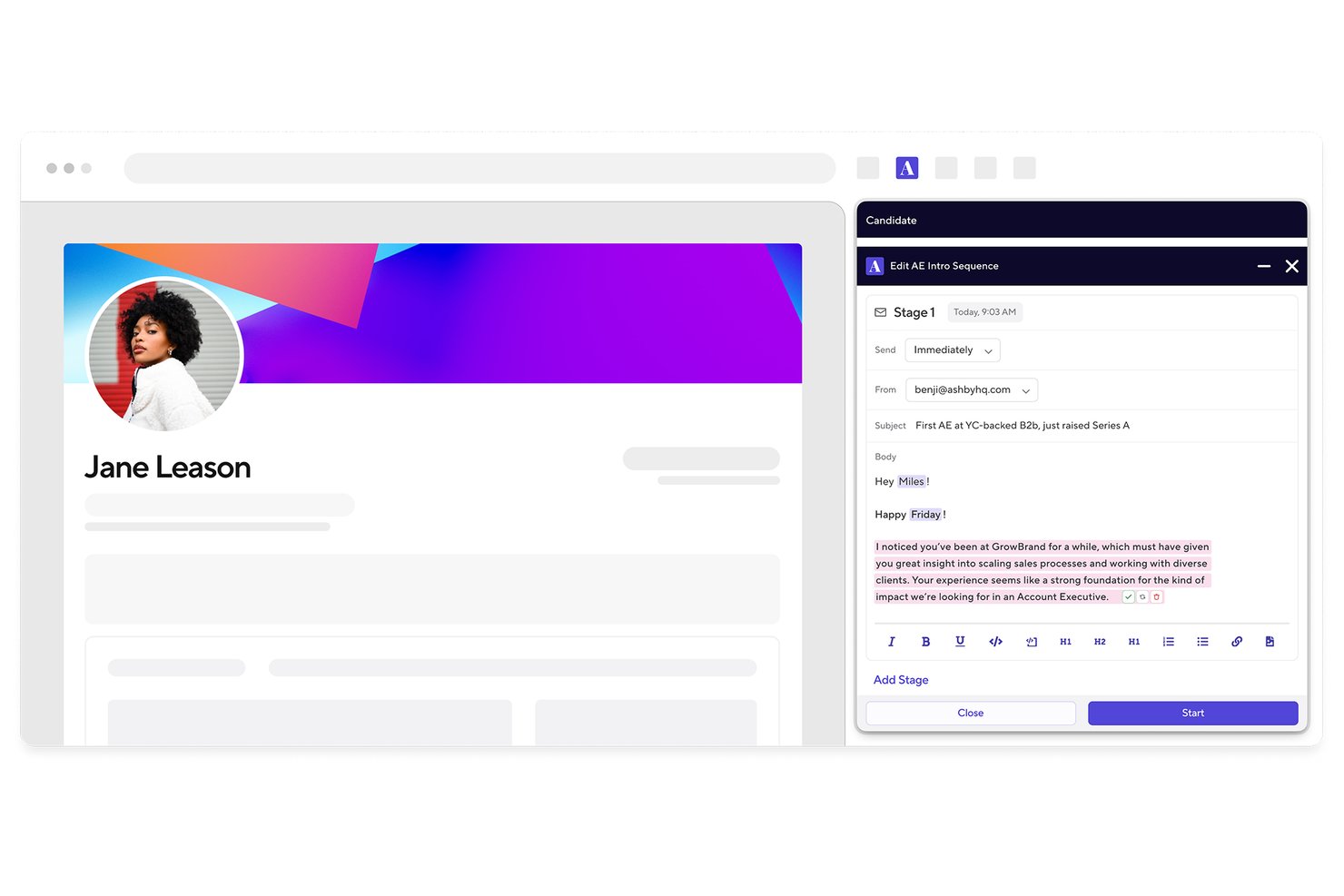 Ashby UI showing AI-generated recruiting email sequence for a candidate profile.