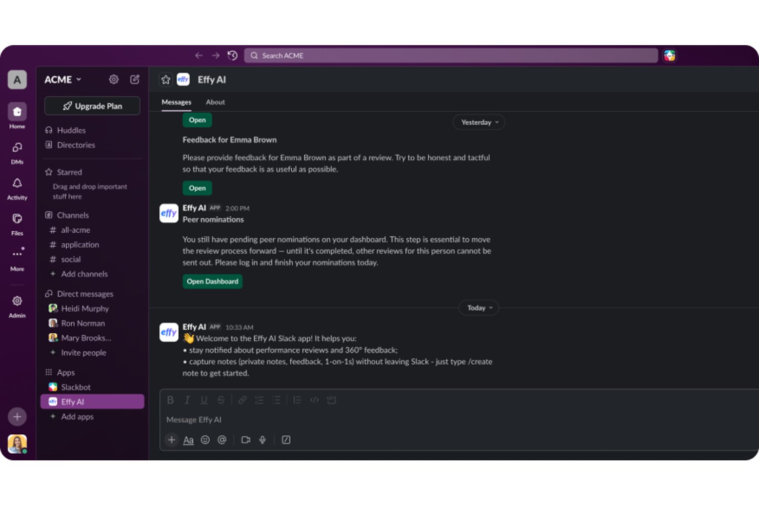 Effy AI Slack app showing peer nomination and feedback review messages.