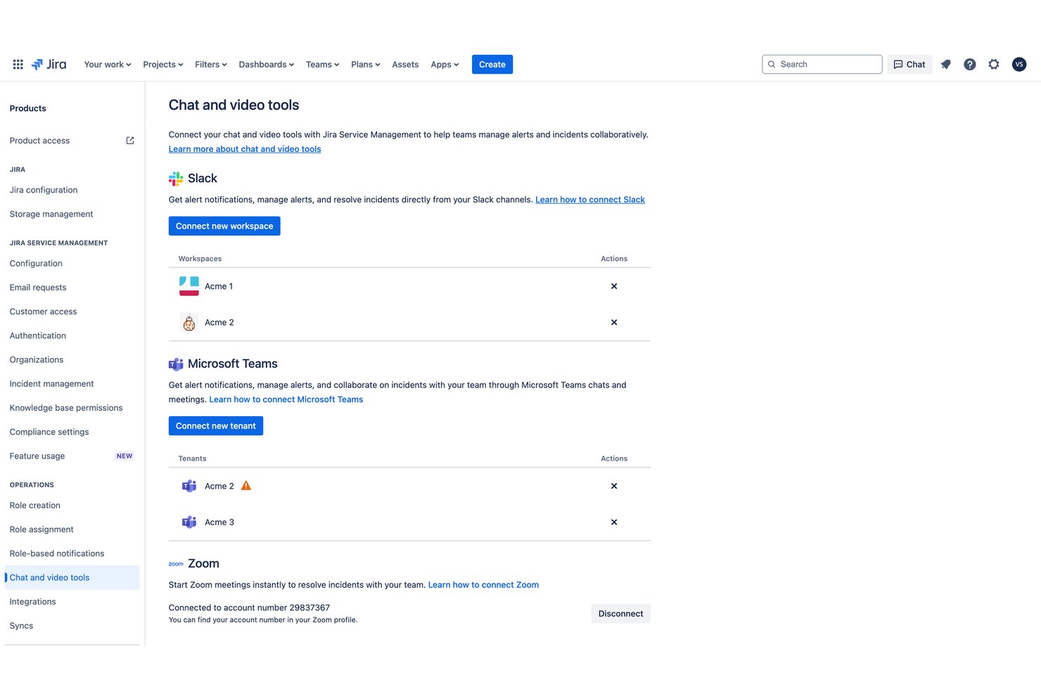 Jira Service Management chat and video tools settings showing Slack, Microsoft Teams, and Zoom integrations.