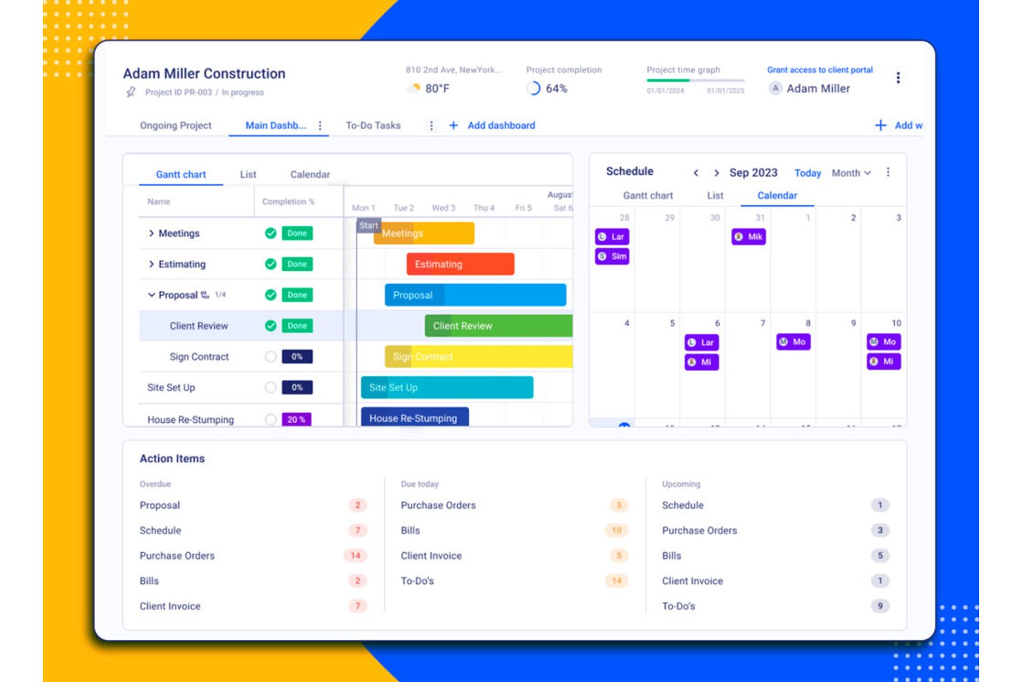Builderns instrumentpanel som visar Gantt-schema, kalender och panelen med åtgärdspunkter.