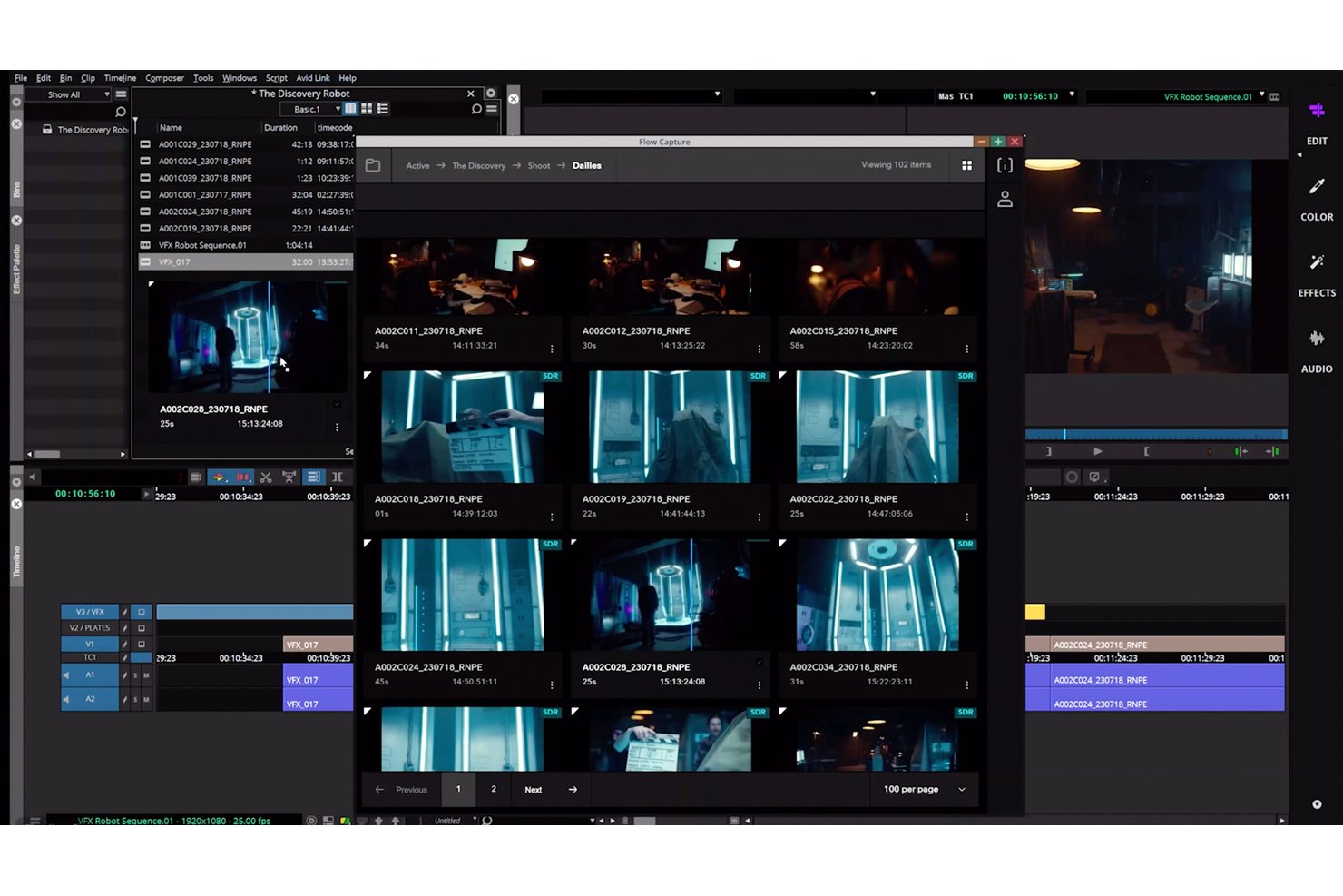 Panelen Autodesk Flow Capture visar ett rutnät med dagliga videoklipp integrerat med Avids redigeringsgränssnitt.
