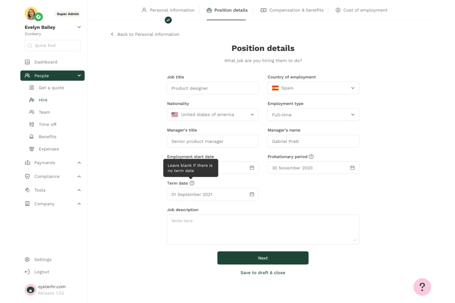 Oysters HR-plattform visar formuläret för positionsuppgifter med fält för tjänst och avtal.