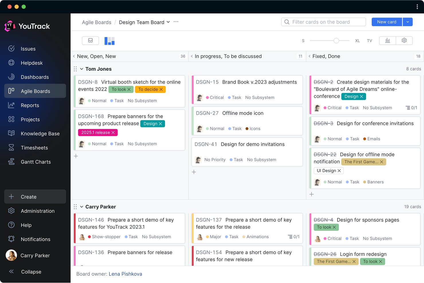 YouTrack agile board showing task cards grouped by team member across three columns.