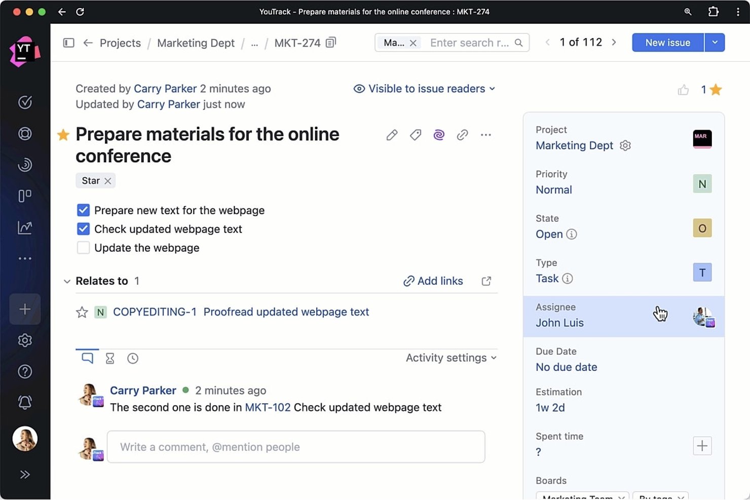 YouTrack issue page showing task checklist, linked issues, assignee, and estimation fields.