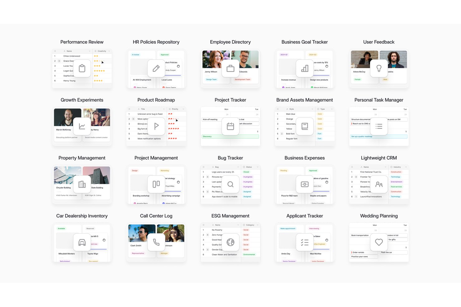 Baserow template gallery showing 15 database templates across business categories.