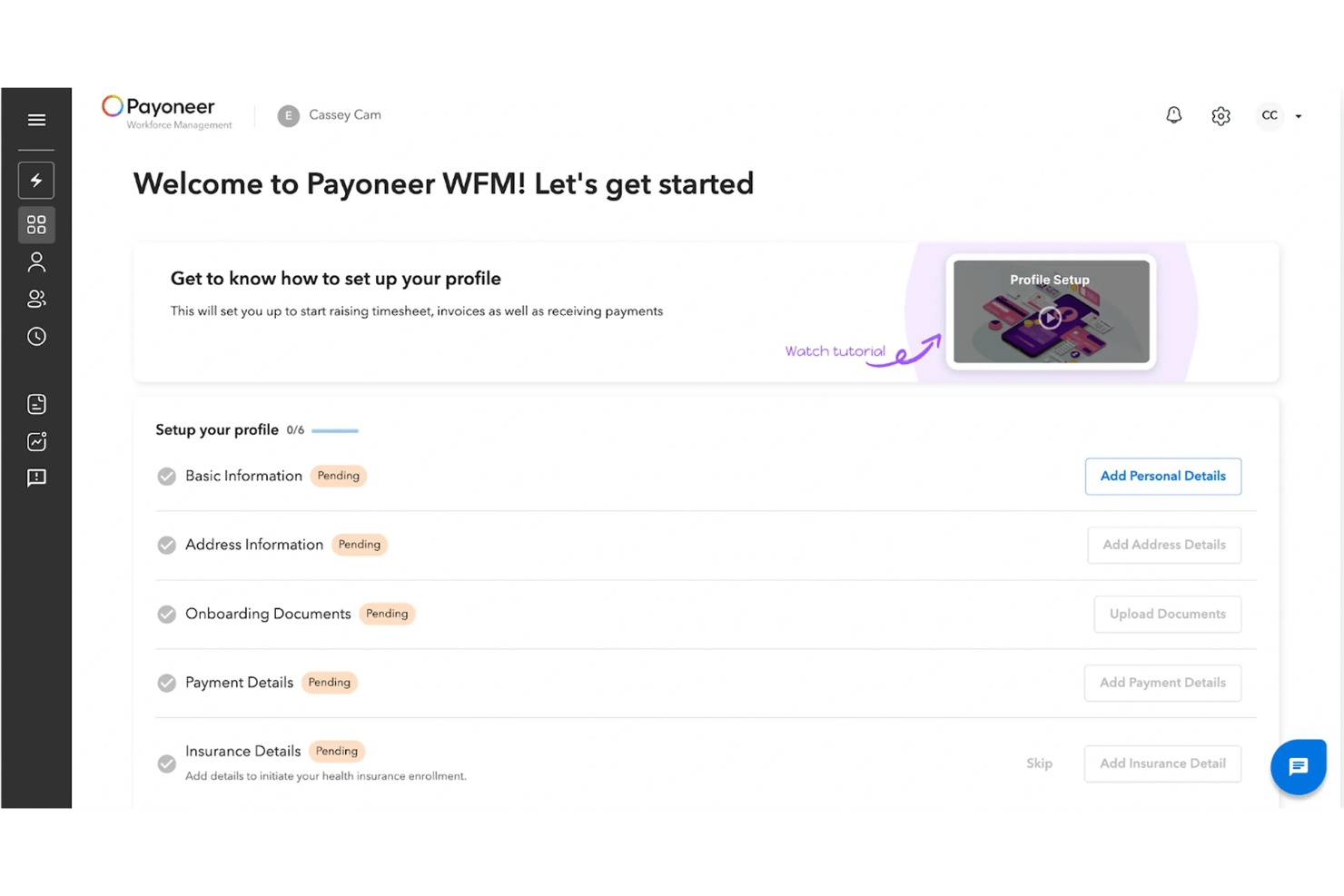 Payoneer-WFM-Einrichtungsbildschirm mit sechs ausstehenden Schritten zur Profileinrichtung.