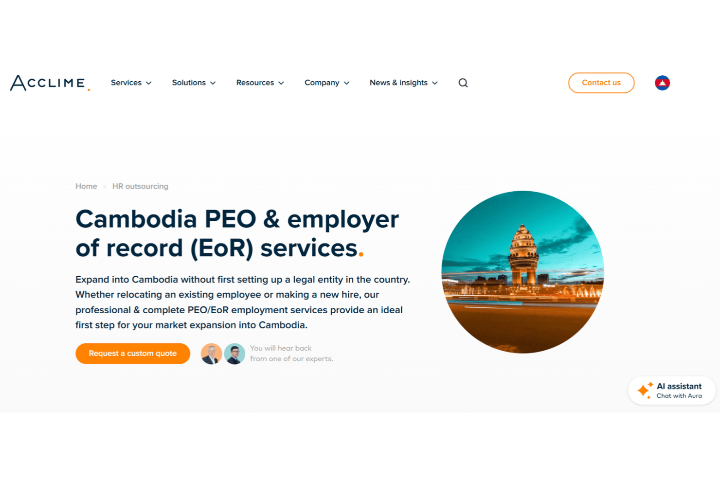 Acclime-Website mit einer Seite zu PEO- und Arbeitgeberdiensten in Kambodscha.