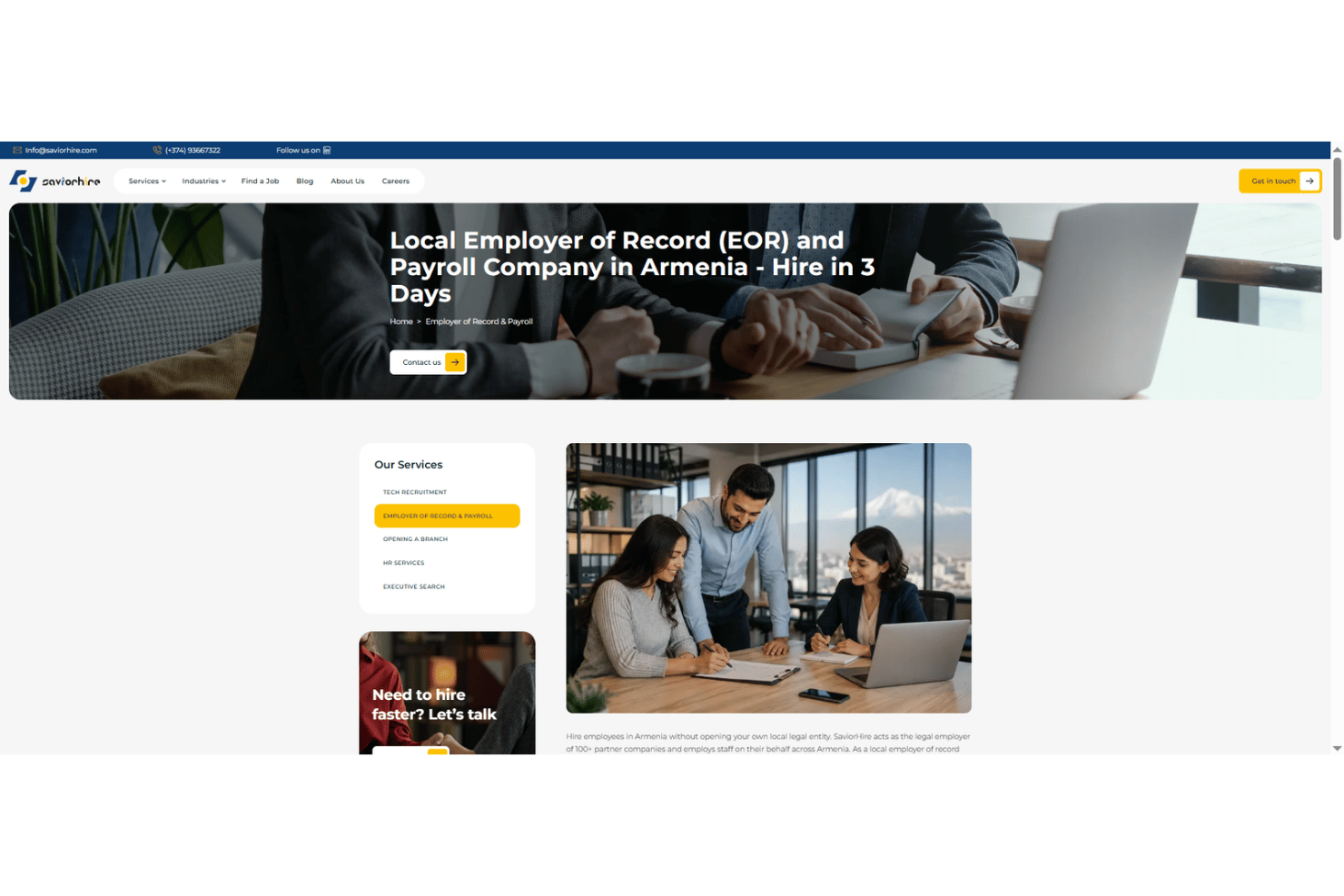 Sito web di SaviorHire che mostra i servizi di datore di lavoro ufficiale e di gestione delle buste paga in Armenia.