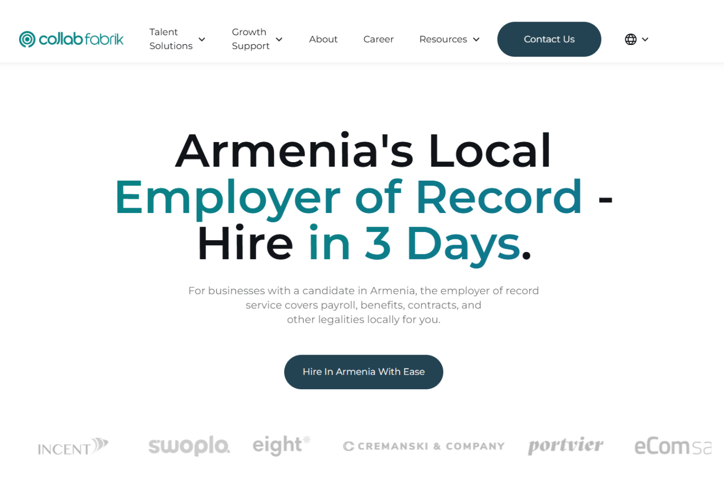 Collab Fabriks hjemmeside, der promoverer ansættelse gennem en arbejdsgiver-of-record i Armenien på 3 dage.