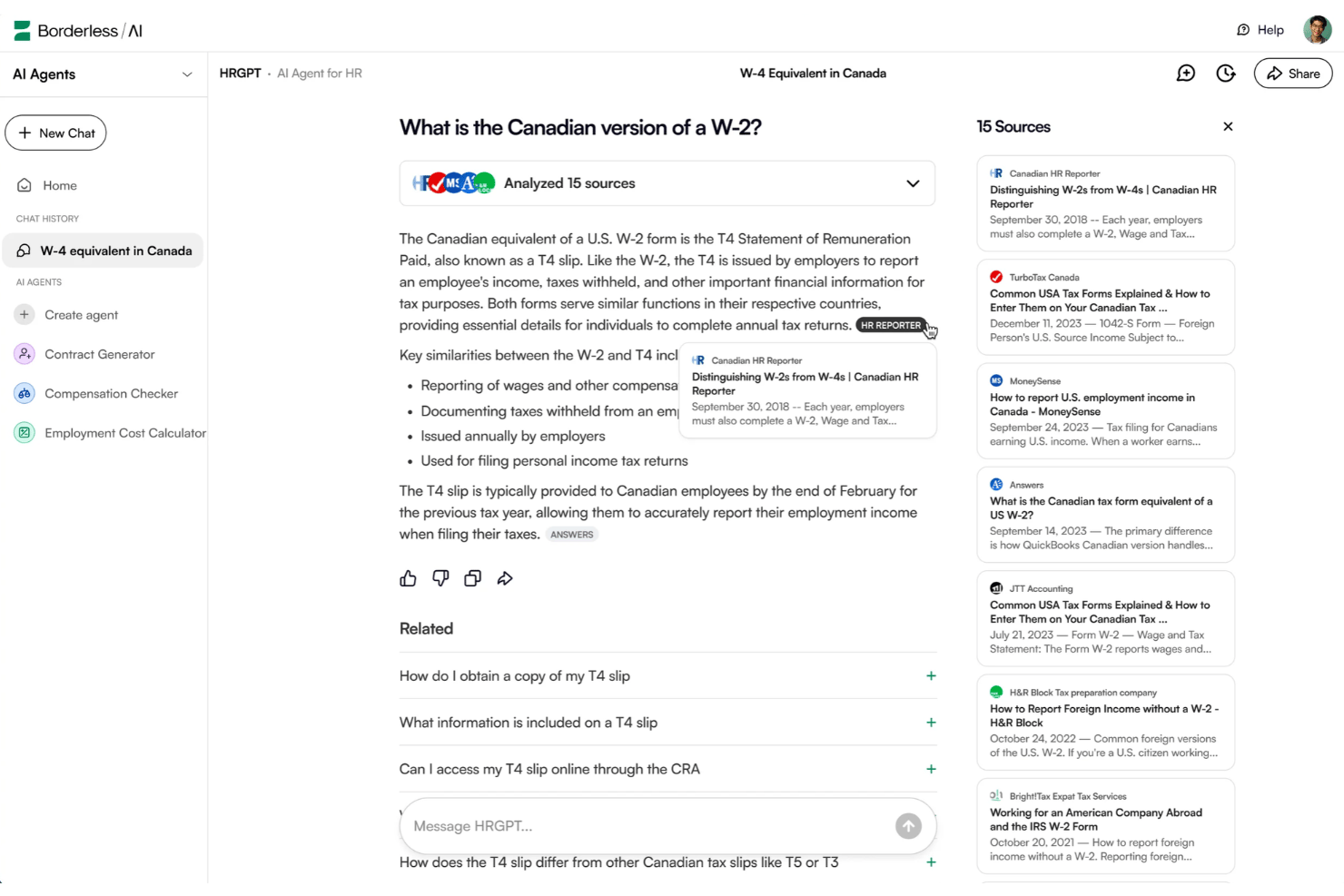 HRGPT AI agent answering a question about Canadian W-2 equivalent with 15 sources.